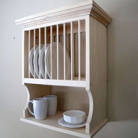 3 Different Wall-Mounted Dish Racks: What's Your Style? Rustic Plate Rack, Shelved Kitchens, Kitchen Rack Design, Wall Mounted Dish Rack, Wooden Dish Rack, Wall Mount Plate Rack, Plate Racks In Kitchen, Dish Cabinet, Kitchen Wall Shelves