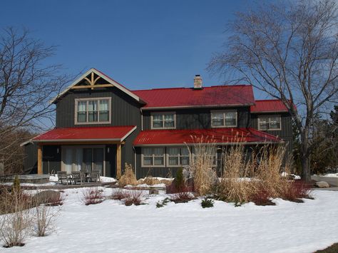 Vertical rib steel roofing from Agway Metals Inc. Visit steelroofsource.com for more information. Houses With Burgundy Metal Roof, Red Roof Cabin, Red Metal Roof Houses Color Combos, Burgundy Metal Roof, Red Roof House Colors, White Siding House, Red Metal Roof, Dark Exterior House Colors, House With Red Roof