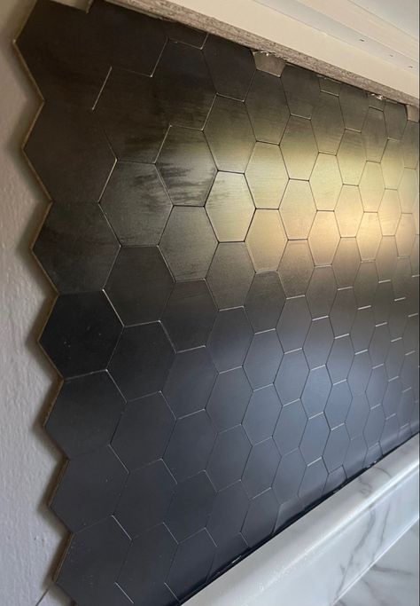 Easy Kitchen Backsplash Peel And Stick, Peel And Stick Hexagon Backsplash, Black Tin Backsplash Kitchen, Black Tile Kitchen Backsplash, Black Backsplash Kitchen White Cabinets, Black Tile Backsplash Kitchen, Black Hexagon Backsplash, Black Peel And Stick Tile, Sheet Metal Backsplash