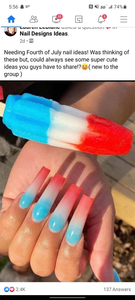 https://www.instagram.com/p/CPzeOmmpD8i/?utm_medium=copy_lin. Cute White Acrylic Nail Designs, Nails With Blue And Purple, Red White And Blue Ombré Nails, Red White And Blue Nails Ombre, Red Blue And White Nails, Red White And Blue Acrylic Nails, Black 4th Of July Nails, Red And Blue Nail Designs, Bombpop Popsicle Nails