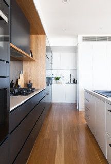 KITCHEN & BUTLERS PANTRY - Contemporary - Kitchen - Gold Coast - Tweed - by Donna Guyler Design | Houzz AU Galley Kitchen Pantry, Kitchen With Butlers Pantry, Black And White Cabinets, Kitchen Butlers Pantry, Butler’s Pantry, Light Hardwood, Light Hardwood Floors, Beachfront Home, Butlers Pantry