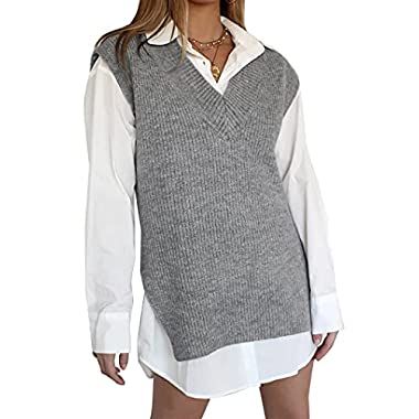 Shirt And Vest Women, Vest And Shirt Outfit Women, Button Up Shirt With Sweater, Shirt With Knitted Vest, Grey Sweater Vest Outfit, Sweater With Collared Shirt, Collar Under Sweater, Grey Vest Outfit, Sweater Vest Outfit Women