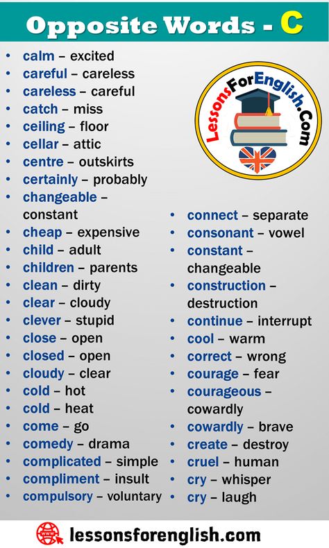 English Vocabulary, Opposite Words Starting With C calm – excited careful – careless careless – careful catch – miss ceiling – floor cellar – attic centre – outskirts certainly – probably changeable – constant cheap – expensive child – adult children – parents clean – dirty clear – cloudy clever – stupid close – open closed – open cloudy – clear cold – hot cold – heat come – go comedy – drama complicated – simple compliment – insult compulsory – voluntary connect – separate consonant – vowel ... Opposite Words List, English Opposite Words, Cars Driving, Opposite Words, Teaching English Grammar, English Learning Spoken, Learn English Grammar, Interesting English Words, Good Vocabulary Words