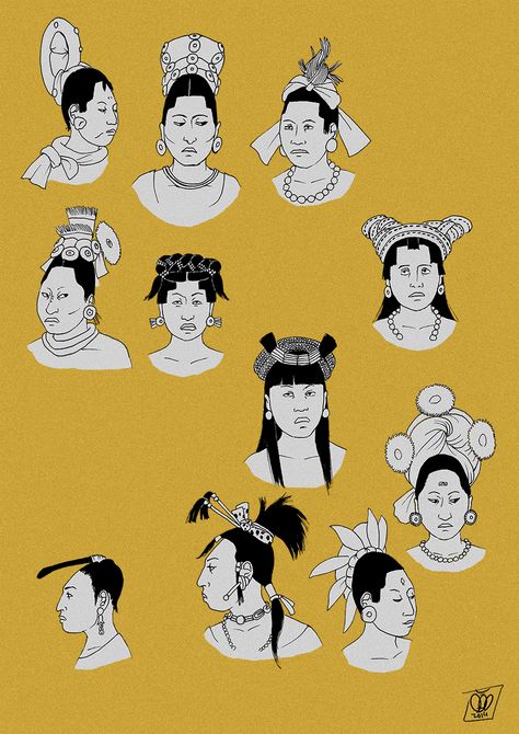 Maya women hairstyles and headwear in the Classic period (c.600-900). Based on primary sources: vase paintings, murals, ceramics, figurines, bone carvings, stelae etc. Chicana Culture, Mayan Symbols, Maya Art, Aztec Culture, Mayan Art, Mayan Culture, Aztec Art, Tikal, Indigenous Culture