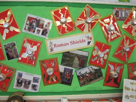 Roman Shields from Mary Romans Art Ks2, The Romans Ks2, Romans Ks2, Ancient Rome Activity, Ancient Civilizations Projects, Roman Shield, Rome Activities, Primary History, Roman Britain