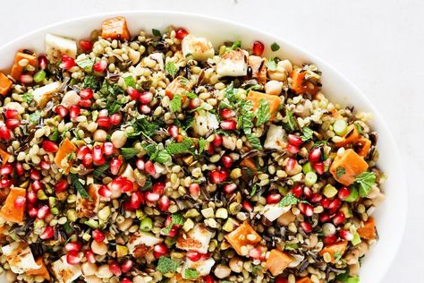 There are many versions of ancient grain salad, which isn’t surprising after you’ve tried it: it’s hearty, healthy and incredibly delicious. It’s fabulous as a side to any meat dish, but also substantial enough to serve as a main for vegetarians. Freekeh and wild rice combine to make the ancient grain mix, while we added haloumi as an extra salty treat, plus mint for freshness and pomegranate for sweetness. We also love to make double the amount of salad dressing to keep in your fridge for leafy green salads, too. Ancient Grain Salad, Sweet Potato Pomegranate, Ancient Grains Salad, Creamy Chipotle Dressing, Haloumi Recipes, Layered Pasta, Creamy Pasta Salads, Rice Noodle Salad, Meat Dish