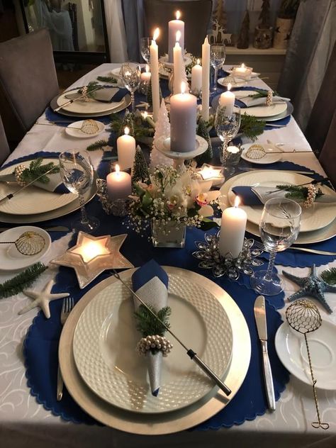 Blue And Gold Christmas Table Decor, Christmas Table Blue, Blue Christmas Table, Starry Night Prom, Christmas Dinner Table Settings, Holiday Tea, New Year Table, Navy Christmas, Christmas 2025