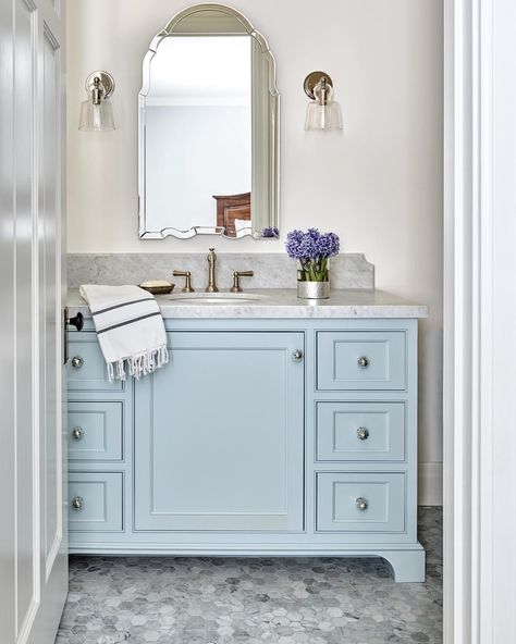 30 Beautiful And Chic Blue Gray Vanity Ideas You Should See Tranquil Bathroom, Gray Vanity, Gold Fixtures, Elegant Mirrors, Vanity Ideas, Rustic Blue, Girls Bathroom, White Countertops, Blue Bathroom