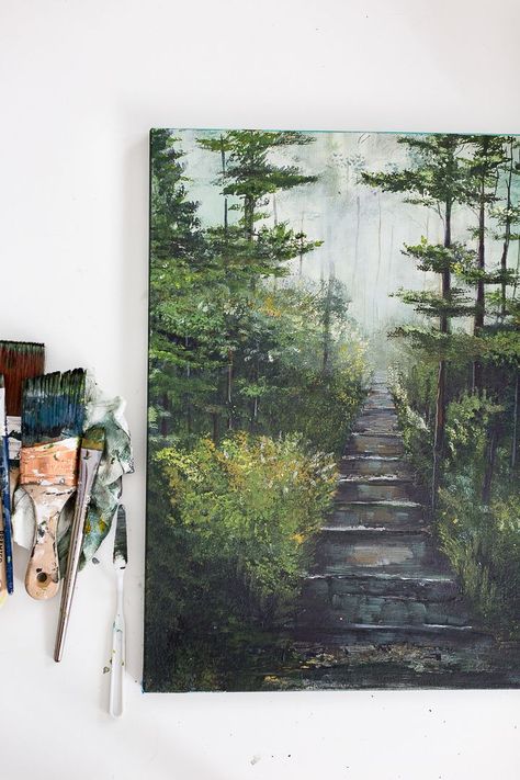 Misty Forest Acrylic Painting | Craftberry Bush | DecoArt Traditions Artists Acrylics Seni 2d, Small Canvas Paintings, Canvas For Beginners, Landscape Paintings Acrylic, Easy Canvas Painting, Forest Painting, 수채화 그림, Simple Acrylic Paintings, Nature Art Painting