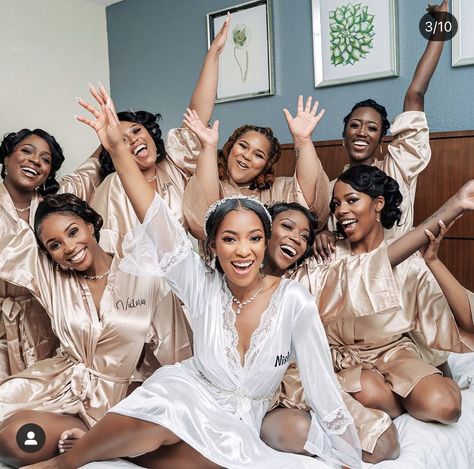 Bridal Party Robes Black Women, Bridal Shower Clothes Bridesmaids, Bridal Shower Hotel Room Decor, African American Bridal Party, Long Gold Bridesmaid Dresses, Bridal Shower Pictures, Wedding Preparation Photos, Bride And Bridesmaid Pictures, Bridesmaid Get Ready Outfit