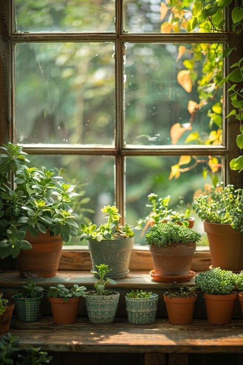 Interior Window Sill, Indoor Plant Ideas, Easy Indoor Plants, Cozy Rainy Day, Window Sill Decor, Pots Diy, Painted Pots Diy, Indoor Herb Garden, Plant Ideas