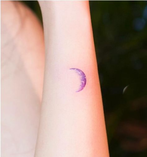 Moon Colored Tattoo, Moon Tattoo Designs Color, Purple Moon Tattoo, Watercolor Moon Tattoo, Moon Tattoo Colorful, Small Feminine Tattoos, Army Tattoos, Moon Tattoo Designs, Zodiac Tattoos