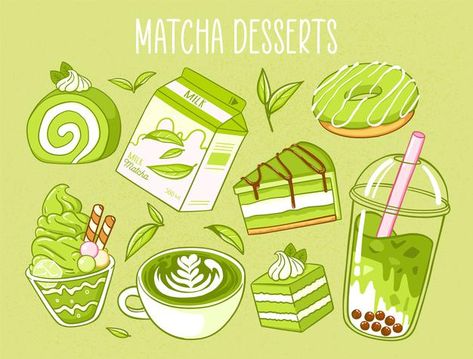 Green Tea Drawing, Milk Donut, Ghaca Life, Indie Filter, Desserts Drawing, Tea Ice Cream, Ice Cream Pie, Matcha Dessert, Matcha Cake