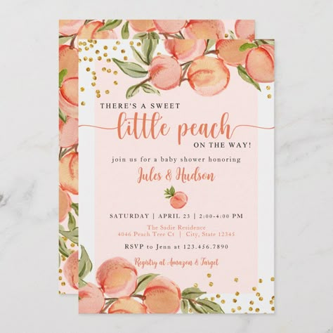 August Baby Shower, Peach Baby Shower Invitations, Summer Baby Shower Themes, Girl Shower Themes, Peach Baby Shower, Baby Shower Theme Ideas, September Baby, Sweet As A Peach, Sprinkle Shower