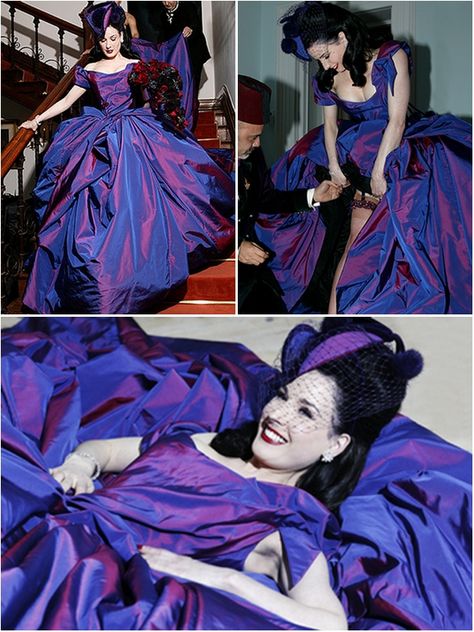 Celebrity Weddings: Dita Von Teese Wedding Dress by Vivienne Westwood Vivienne Westwood Purple Dress, Dita Von Teese Wedding, Dita Von Teese Style, Dita Von Tease, Celebrity Jewelry, Violet Dresses, Hollywood Celebrity, Dita Von, Marilyn Manson