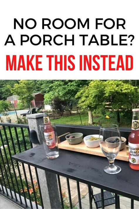 If you are trying to figure out how to entertain or enjoy your small porch, check out this easy rail table idea. Perfect for small spaces this table is easily moveable and is certain to upgrade your patio decor and functioality. #diy #table #porch Deck Rail Table Diy, Small Deck Dining Ideas, Porch Table Ideas, Diy Wine Bar, Wood Valances For Windows, Pottery Barn Desk, Trex Decking, Decking Ideas, Homemade Modern