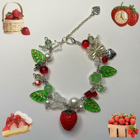 Strawberry Beaded Clutter Bracelet 

- handmade by... - Depop Strawberry Friendship Bracelet, Clutter Bracelet, Strawberry Bracelet, Strawberry Shortcake Bracelet, Cluttered Bracelets, Clutter Charm Bracelet, Strawberry Chain Bracelet, Cute Strawberry Jewelry, Christmas Bracelet