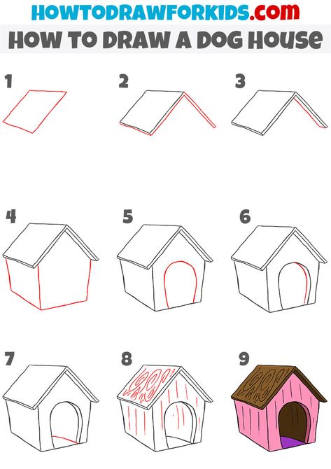 How To Draw A Bird House Step By Step, How To Draw A House Easy, How To Draw A House Step By Step, How To Draw A Dog Easy, How To Draw A House, Dog House Drawing, Easy Dog House, Draw A Dog, Dog House Plans