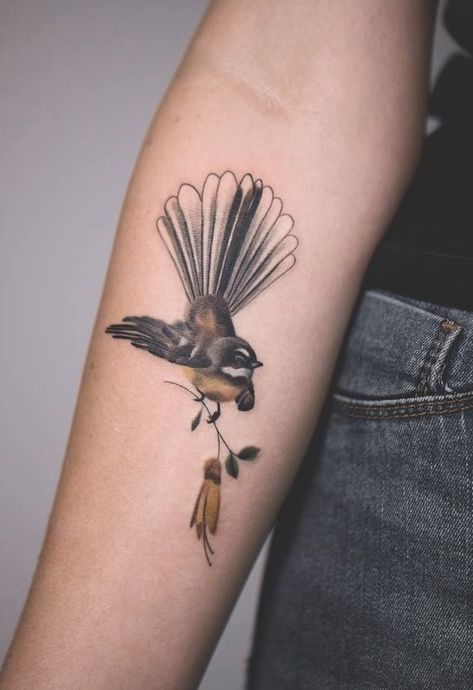 Jasper Andres bird tattoo Fantail Tattoo Design, Fantail Bird Tattoo, Tui Tattoo New Zealand, Nz Tattoo Ideas, Tui Bird Tattoo, Willy Wagtail Tattoo, Piwakawaka Tattoo, Tui Tattoo, Fantail Tattoo