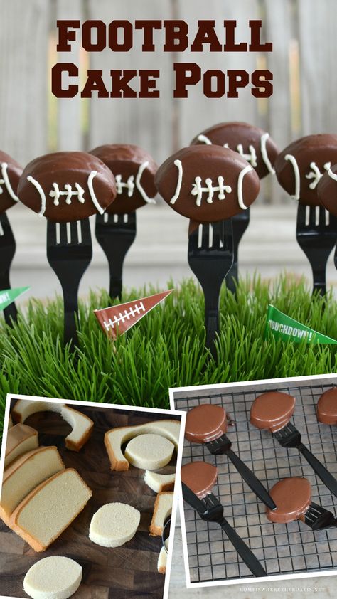 Football Cake Pops! A sweet ending to your game day line of football food! #footballfood #dessert #cakepop #gameday #superbowl ©homeiswheretheboatis.net Tailgating Decor, Football Cake Pops, Super Bowl Essen, Sports Snacks, Football Snacks, Football Birthday Party, Football Cake, Magic Cake, Super Bowl Party