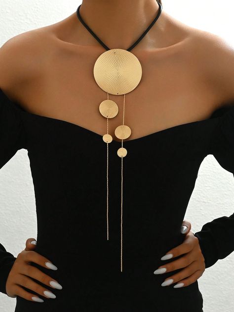 1pc Metal Asymmetrical Black Cord Minimalist Round Necklace Yellow Gold    Iron     Women Fashion Jewelry, size features are:Bust: ,Length: ,Sleeve Length: Asymmetrical Necklaces, Asymmetrical Necklace, Iron Woman, Jewelry Design Inspiration, Round Necklace, Jewelry Creation, Leather Design, Neck Designs, Women Fashion