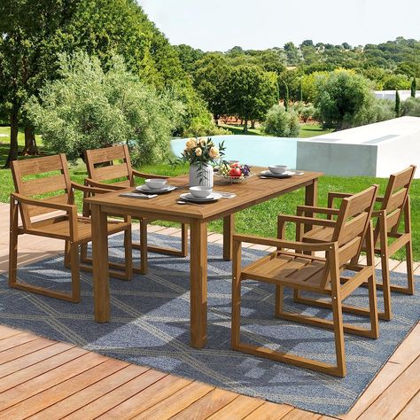 The patio table and chairs are built to last with its high-quality poly lumber material and stainless steel hardware that resists fading, cracking, rotting, denting, and peeling, which is very durable and can withstand the test of outdoor environments, and the color of Teak Color-Oil Printed has the appearance of real wood. Outdoor Table And Chairs, Outdoor Patio Dining, Outdoor Tables And Chairs, Patio Dining Table, Backyard Makeover, Dining Sets, Patio Dining Set, Garden Patio Furniture, Outdoor Dining Set