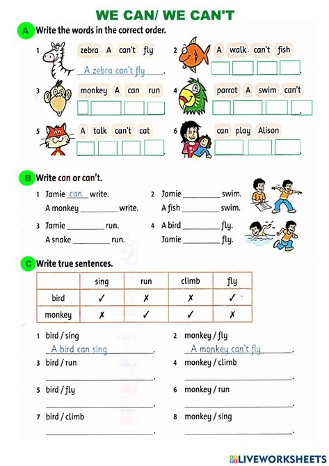 Can Can’t Worksheet, I Can Worksheet For Kids, I Can I Can't Worksheet For Kids, Can And Can't Worksheet, Can Worksheet, 2nd Grade Worksheets Free Printables, Vocabulary Games For Kids, Third Grade Worksheets, Sentence Construction