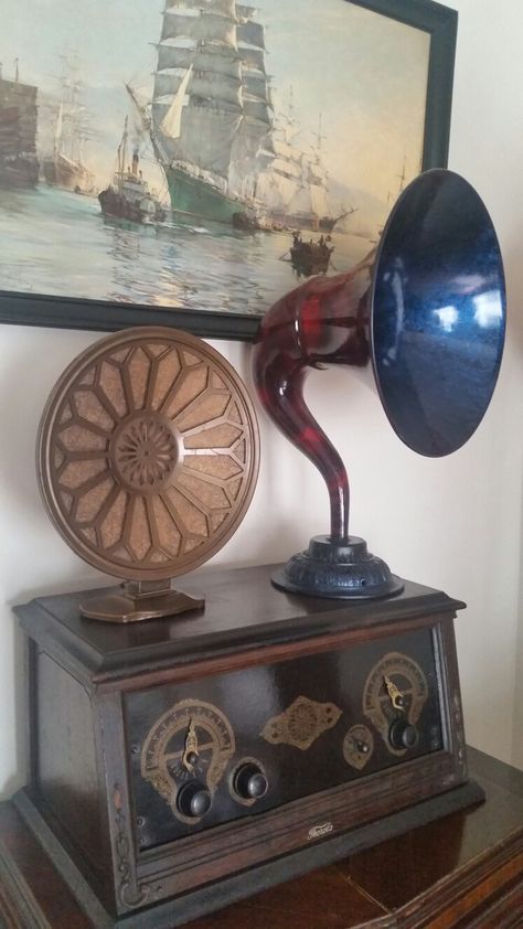 1920s Thorola radio with 1920s Grower Melodia and Tower Meistersinger radio speakers 1920s Radio Host, 1930s Technology, 1920s Technology, 1920s Radio, Antique Record Player, Cone Speaker, Crystal Radio, Antique Radios, Portable Piano