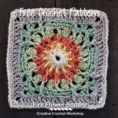 https://www.creativecrochetworkshop.com/2018/10/fire-flower-square/?fbclid=IwAR0rDOmvgYlnPtwNA38tr7680P94Qwe3Nj95ok4NbT6UmzLuyRojMFQXpIs Group Challenges, Crochet Hacks, Crochet Workshop, Squares Design, Crochet Flower Squares, Crochet Puff Flower, Granny Square Crochet Patterns Free, Crochet Shrug Pattern, Crochet Bouquet