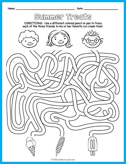 Free Printable Summer Maze Kids Activity Sheets, Kindergarten Summer Review, Kid Printables, Mazes For Kids Printable, Summer Worksheets, Maze Worksheet, Printable Mazes, 2024 Family, Summer Coloring