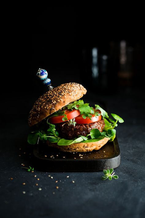 Vegan Burger. Plant based burger. Burger photography. Classy burger photography. Dark photography. Moody food photography. Food photographer. Beautiful food photography.