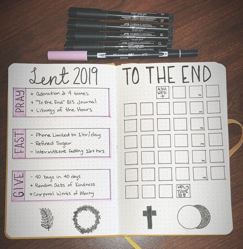 Bullet Journal Layout for Lent 2019 providing Lenten disciplines and a tracker. Bible Journaling Ideas Notebooks Layout, Graph Paper Journal, Disney Packing, Journal Bible Quotes, Bible Journal Notebooks, Creating A Bullet Journal, Beach Packing, Bullet Journal Notebook, Planner Scrapbook