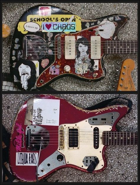 Thurston Moore’s ‘61 Fender Jazzmaster & Kim Gordon’s ‘66 Fender Jaguar Thurston Moore, Fender Jazzmaster, Kim Gordon, Guitar Obsession, Cool Electric Guitars, Sonic Youth, Classic Guitar, Fender Jaguar, Beautiful Guitars