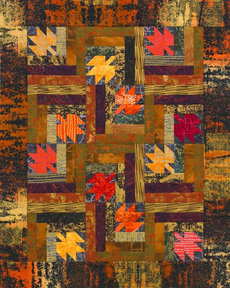 Maple Leaf Log Cabins Leaves Quilt, Leaf Applique, Fall Quilt Patterns, American Patchwork And Quilting, Log Cabin Quilt Pattern, Log Cabin Quilt Blocks, Picnic Quilt, Cabin Quilt, Handmade Bed