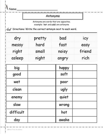 Antonyms Worksheet by Pear Tree Academy | TPT Antonyms Activities, Opposites Worksheet, Antonyms Worksheet, Teaching Reading Skills, Spelling Homework, Kids Handwriting Practice, Printable Alphabet Worksheets, Kindergarten Phonics Worksheets, First Grade Phonics