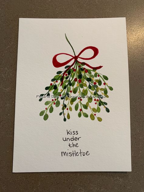 Christmas Cards Mistletoe, Watercolour Painting Christmas Card, Mistletoe Cards Christmas, Easy Diy Watercolor Christmas Cards, Mistletoe Christmas Card, Acrylic Painting Christmas Cards, Handpainted Christmas Card, Christmas Card Ideas Watercolour, Simple Christmas Watercolor Ideas