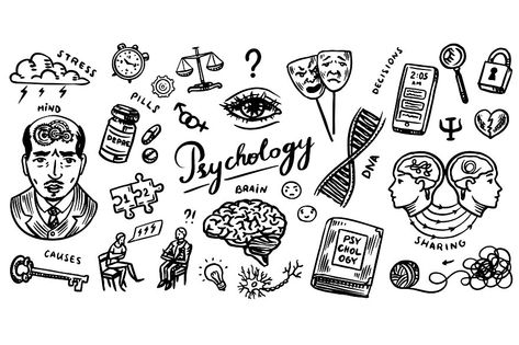 Psychologist Aesthetic Art, Art Psychology Drawing, Psychology Tattoo Ideas Inspiration, Psychological Tattoos, Psychology Doodle Art, Psychology Posters Design, Psychology Cover Page, Psychology Cover Page Ideas, Psychologist Drawing