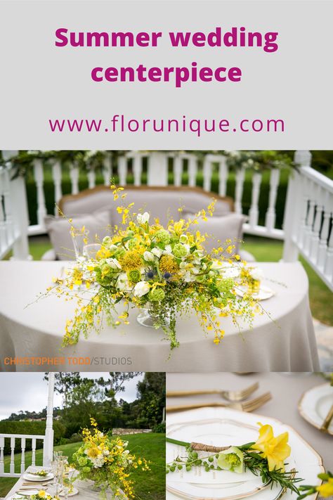 Yellow flower wedding centerpiece for a sweetheart table Yellow Rose Centerpieces Wedding, Red And Yellow Floral Centerpieces, Yellow Rose Centerpiece Simple, Yellow And White Daisy Centerpieces, Yellow Wedding Centerpieces, White Flower Yellow Center, Yellow Centerpieces, Summer Wedding Centerpieces, Yellow Wedding Flowers