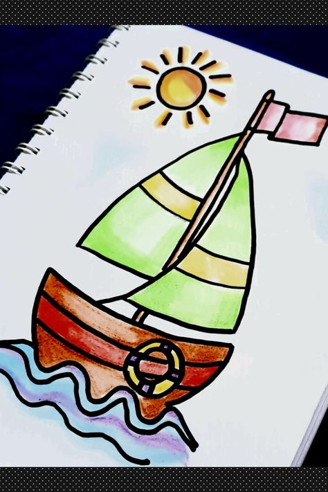 Drawing and coloring page of Sail boat. How to draw a Boat #drawing #coloringpage #shading Boat Drawing For Kids, Sail Boat Drawing, Colourful Drawing Ideas Creative, Boat Video, Basic Drawing For Kids, Kids Boat, Drawing Colouring, Simple Boat, Boat Drawing