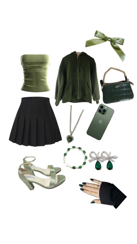 Hehe Green School Outfits, Dark Green And Black Outfit, Green Academia Outfit, Outfits Dr, Green Academia, Green Core, Wicked Costumes, Outfit For School, Green Outfits