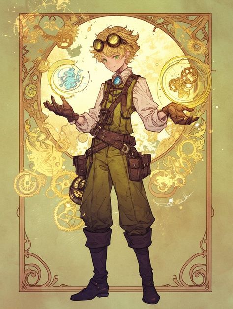 Steampunk Alchemist Character Design, Alcamist Character Design, Alchemist Outfit Design, Clockpunk Fashion, Potion Maker Character Design, Alchemist Rpg, Steampunk Dnd Character, Steampunk Magician, Inventor Character Design