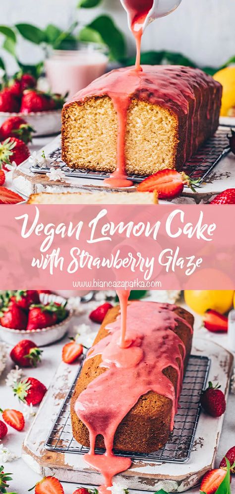 The Best Vegan Lemon Cake Recipe! This simple pound cake is moist, fluffy, bursting with fresh lemon flavor and so easy to make in one bowl! Topped with strawberry glaze or traditional lemon icing you will love it after just one bite! #lemoncake #strawberrycake #veganrecipes #vegetarian #recipes #food #vegan #baking #cake #bakingrecipes #vegancake #lemonloaf #strawberries #foodphotography #veganloaf #lemon #dessert | biancazapatka.com Vegan Lemon Cake, Lemon Bar, Strawberry Glaze, Lemon Icing, Lemon Dessert Recipes, Lemon Cake Recipe, Strawberry Cakes, Lemon Desserts, Vegan Dessert Recipes