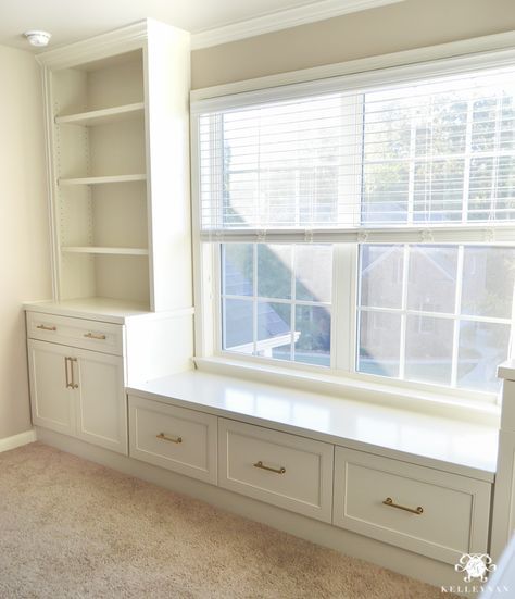 One Room Challenge Home Office Makeover - Built-in cabinets Flanking center room window with gold hardware- Filing Cabinets in Window Seat Bedroom Window Seat, Window Bench Seat, Window Seat Kitchen, Window Seat Design, Office Built Ins, Home Office Makeover, Filing Cabinets, Room Window, One Room Challenge