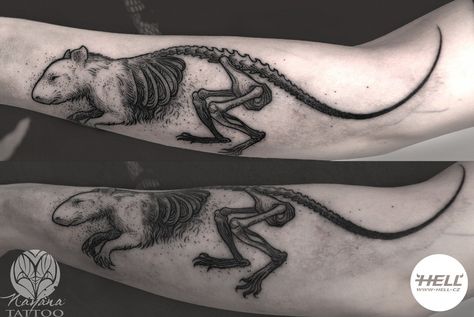 Rat Tattoo Creepy, Mouse Skeleton Tattoo, Rat Skeleton Tattoo, Rat Tattoo Blackwork, Dead Animal Tattoo, Rodent Tattoo, Taxidermy Tattoo, Woodsy Tattoos, Rat Skeleton