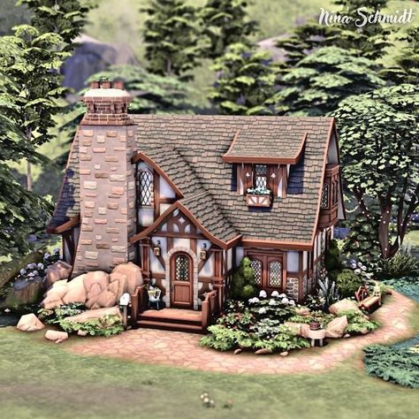 Sims 4 Spellcaster House, Witch House Exterior, Sims 4 Cottage House, Modern Tudor House Exterior, Sims 4 Witch House, Enchanted House, Sims4 Houses, Tudor House Exterior, Sims4 Build