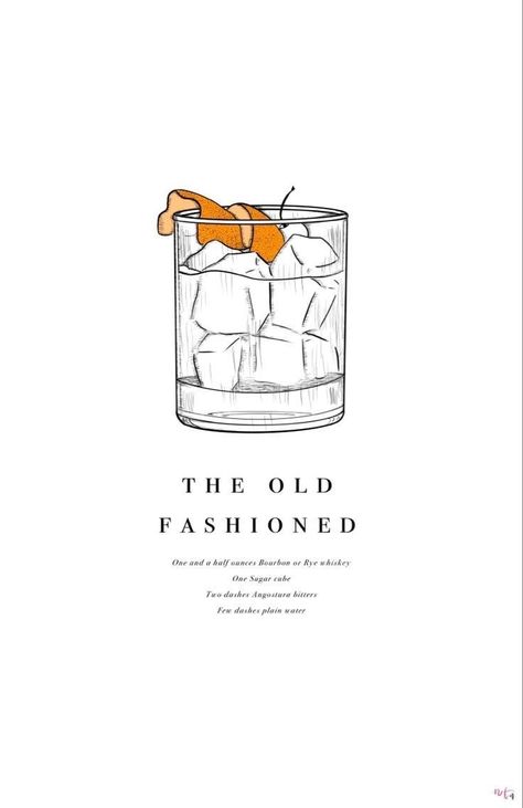 Old Fashioned Illustration, Vintage Cocktail Illustration, Old Fashioned Tattoo, Recipe Graphic, Cocktail Book Design, Cocktails Drawing, Cocktail Pictures, Recipe Printable, Old Fashion Cocktail Recipe