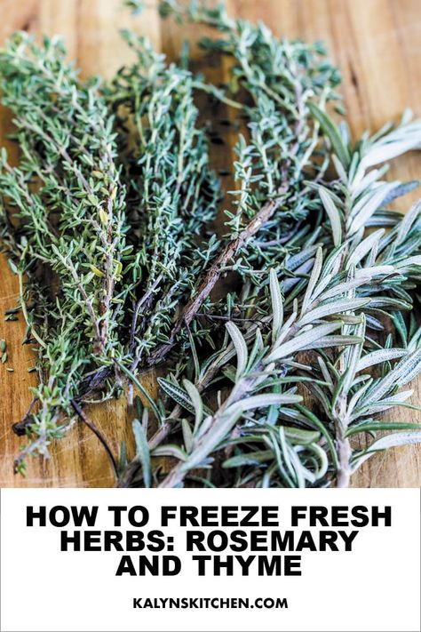 This post shares tips on How to Freeze Rosemary and Thyme and have it to use during the winter in recipes! Did you know that many fresh herbs can be frozen in the summer when they're abundant and then used all through the winter? [found on KalynsKitchen.com] #FreezingFreshHerbs #Freezingherbs Freeze Rosemary, Freeze Fresh Herbs, Thyme Uses, Freezing Fresh Herbs, Drying Fresh Herbs, Fresh Herb Recipes, Freezing Herbs, Frozen Rose, Rosemary And Thyme