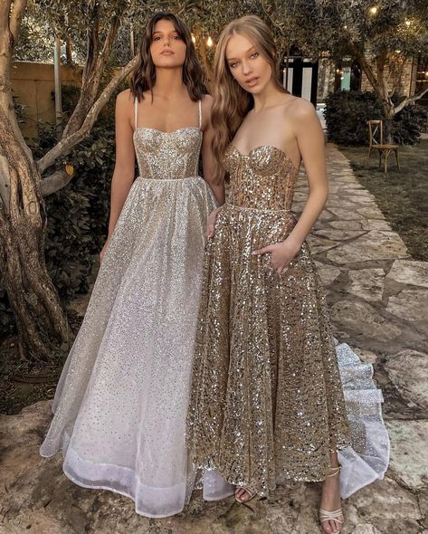 WHATS NEWGold & Silver sparkle gowns @berta #bertaeveningwear @villanona MUAH @shahafmakeup @oshersaadon_ . #lace #weddingmakeup #shimmer #weddingphotography #golddress #weddinghair #berta #bertanyc #kayrouzbridalberta #eveningdress #kayrouzbridaleveningwear #bertaeveningwear#gold #silver White Dress Bride, Sparkly Wedding Dress, Gold Prom Dresses, Evening Party Gowns, Sweetheart Prom Dress, Long Evening Dress, Long Evening Gowns, Formal Party Dress, Sparkly Dress