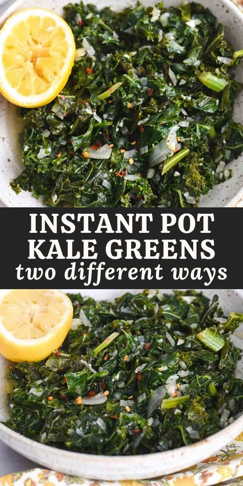 Making kale in the Instant Pot is a fuss-free way to add a serving of greens to dinner. This post includes instructions for how to make tender stewed kale or vivid green kale. Both methods are ready in under 30 minutes! Instant Pot Kale, Cook Kale, Instant Pot Veggies, How To Cook Kale, Vegan Instant Pot Recipes, Instant Pot Recipe, Pot Recipes Easy, Kale And Spinach, Kale Recipes