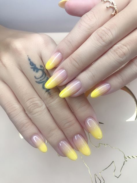 #nail #yellow Yellow Nails Korean, Yellow Ombre Nails, Nail Yellow, Cottagecore Nails, Long Almond Nails, Korean Nail, Yellow Nail Art, Yellow Nail, Korean Nail Art